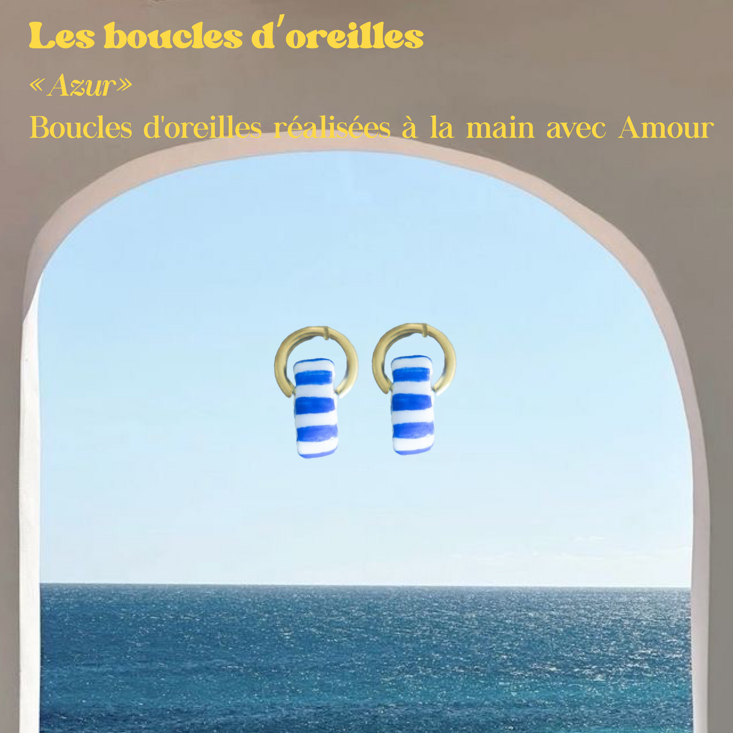 affiche boucle d'oreille azur fait main marinière bleu et blanc
